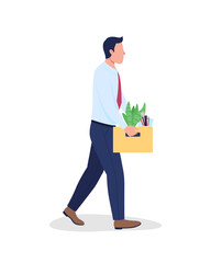 Fired employee holding cardboard box flat color vector faceless character. Employment problem. Resigned, unemployed manager isolated cartoon illustration for web graphic design and animation