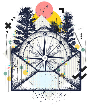 Compass in open envelope. Symbol of tourism, adventure, travel and adventure. Zine culture concept. Hand drawn vector glitch tattoo, contemporary cyberpunk collage. Vaporwave art