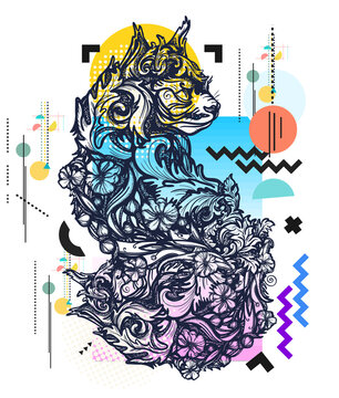 Floral cat. Zine culture concept. Hand drawn vector glitch tattoo, contemporary cyberpunk collage. Vaporwave art