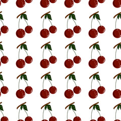 Colorful cherries fruit pattern. Idea for decors, ornaments, wallpapers, gifts, damask, paper, covers, templates, celebrations, summer spring holidays, natural fruit themes. Isolated vector art.
