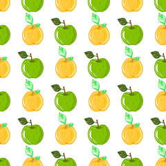 Yellow green apples pattern. Idea for decors, ornaments, wallpapers, gifts, damask, paper, covers, templates, celebrations, summer holidays, natural fruit themes. Isolated vector art. 