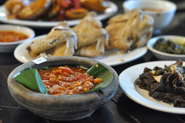 Sambal trasi dan ayam goreng, a traditional cuisine from Indonesia