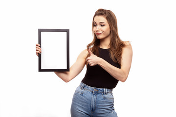 smiling woman with frame for your text or image