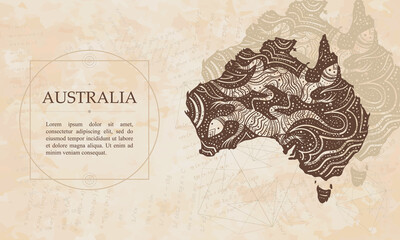 Australia map. Ethnic australian tribe style. Renaissance background. Medieval manuscript, engraving art