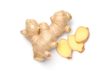 Flat lay of Fresh ginger rhizome with slices  isolated on white background.