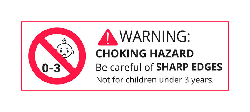 Choking warning hazard forbidden sign sticker not suitable for children under 3 years isolated on white background vector illustration. Warning triangle and examination mark, sharp edges.