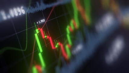 Business investment finance analysis data statistics digital stock market exchange forex trading graph chart financial candlestick indicator screen board abstract graphic design background. 3d render.
