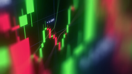 Business investment finance analysis data statistics digital stock market exchange forex trading graph chart financial candlestick indicator screen board abstract graphic design background. 3d render.