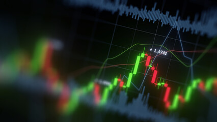 Business investment finance analysis data statistics digital stock market exchange forex trading graph chart financial candlestick indicator screen board abstract graphic design background. 3d render.
