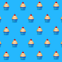  Cupcake seamless pattern with blue background. Colorful cupcakes vector illustration. Yummy desserts.