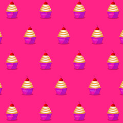  Cupcake seamless pattern with pink background. Colorful cupcakes vector illustration. Yummy desserts.