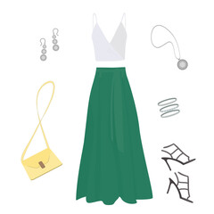 long emerald skirt, white tank top, dark stiletto sandals, light yellow women's handbag, silver earrings, three bracelets and a round pendant on a white background