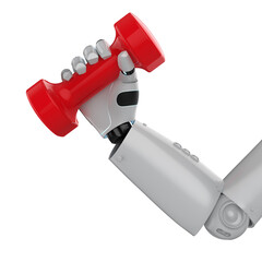 robotic hand holding red dumbbell
