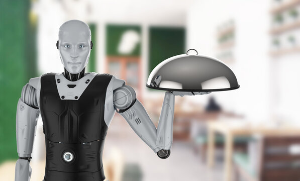 Waiter Robot Hold Metallic Tray