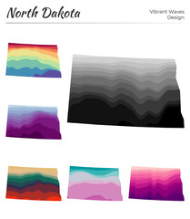 Set of vector maps of North Dakota. Vibrant waves design. Bright map of us state in geometric smooth curves style. Multicolored North Dakota map for your design. Creative vector illustration.