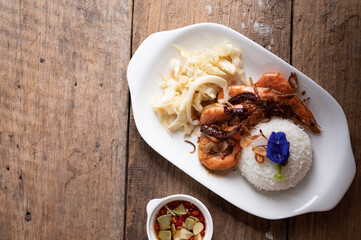 Stir Fried Shrimp with Tamarind Sauce with Rice with studio light delicious looking.