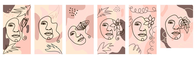 Fototapeta premium butterfly Surreal Faces Continuous line, faces and hairstyle, fashion concept, woman beauty minimalist, illustration pretty sexy. Contemporary portrait