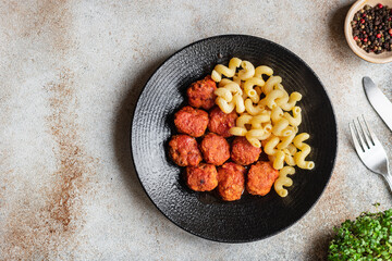 pasta meatballs tomato sauce plate portion on the table healthy meal top view copy space rustic food background 