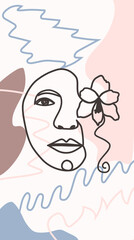 Woman face with flowers one line drawing. Half of the face is a flower. Continuous line drawing art. Nature cosmetics.