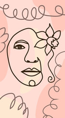 Woman face with flowers one line drawing. Half of the face is a flower. Continuous line drawing art. Nature cosmetics.