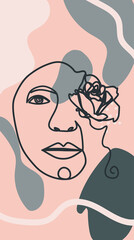 Woman face with flowers one line drawing. Half of the face is a flower. Continuous line drawing art. Nature cosmetics.
