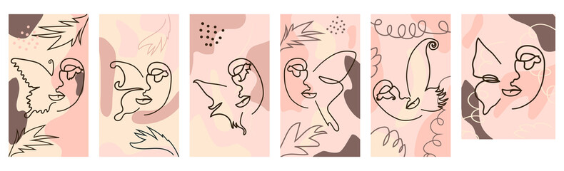 butterfly Surreal Faces Continuous line, faces and hairstyle, fashion concept, woman beauty minimalist, illustration pretty sexy. Contemporary portrait