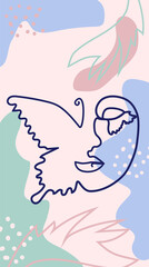 butterfly Surreal Faces Continuous line, faces and hairstyle, fashion concept, woman beauty minimalist, illustration pretty sexy. Contemporary portrait.