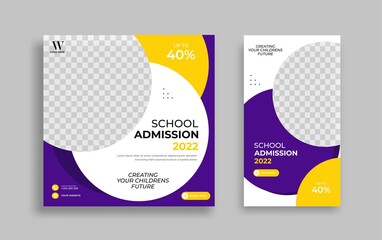 School admission Editable minimal square banner template. Yellow purple White background color with geometric shapes for social media post, story and web internet ads. Vector illustration	