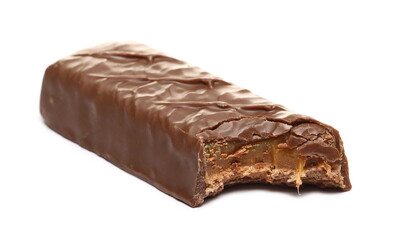 Chocolate caramel bar and bitten off chocolate isolated on white background
