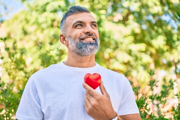 Middle age grey-haired man smiling happy holding heart standing at the park.