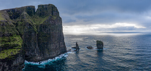 Risin og Kellingin (The Giant and the Witch) sea stacks rocks near Eidi, Faroe Islands