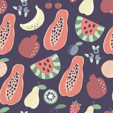 Fruit pattern. Papaya banana watermelon seamless pattern. Vector summer tropical print for t shirt design