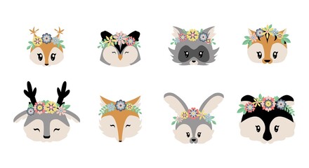 Woodland animals. Cartoon forest characters in flower wreaths. Isolated baby faces set. Funny fox and squirrel, furry raccoon or rabbit. Decorative template for stickers. Vector wild fauna