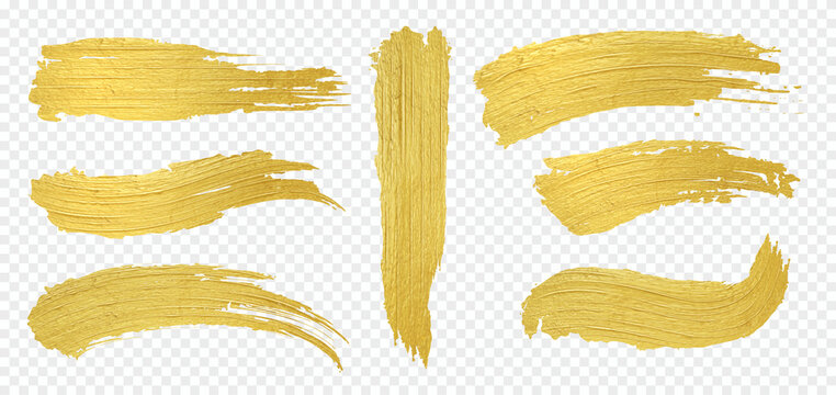 Golden brush. Realistic paint strokes, luxury gold smears on transparent background. Decorative templates for labels and stickers. Yellow brushstrokes set. Vector shimmery textures
