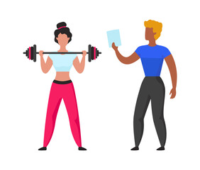 Fototapeta na wymiar Gym coach. Cartoon fitness trainer helps girl workout. Instructor teaches woman doing sport exercise correctly. Female athlete training with barbell. Vector sportsman lifting dumbbells