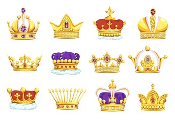 Cartoon crowns. Golden king and queen royal headwear. Gold diadems with diamonds. Monarch symbols set, coronation headdress. Vector yellow metal tiaras decorated with precious gems