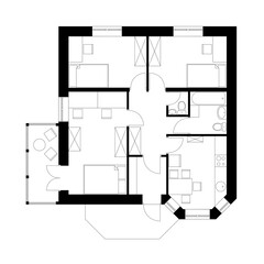 Black and white architecture plan of house with furniture. Cottage with bay window in the kitchen. Vector illustration