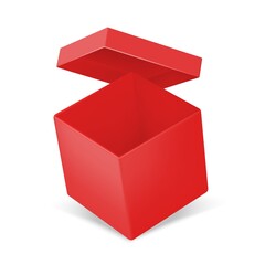 Red paper box. Realistic open package mockup. 3D empty surprise container. Geometric cardboard packaging with lid. Isolated mockup for presents and goods storage. Vector blank parcel