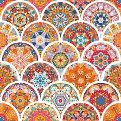 Seamless pattern with colorful fish scale from mandalas. Patchwork design. Print for fabric and textile. Vector illustration.