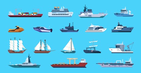 Boats. Cartoon nautical ships. Passenger or cargo vessels and warships. Side view of marine transport set. Brigantine and aircraft carrier sailing in ocean. Vector transportation by sea © SpicyTruffel