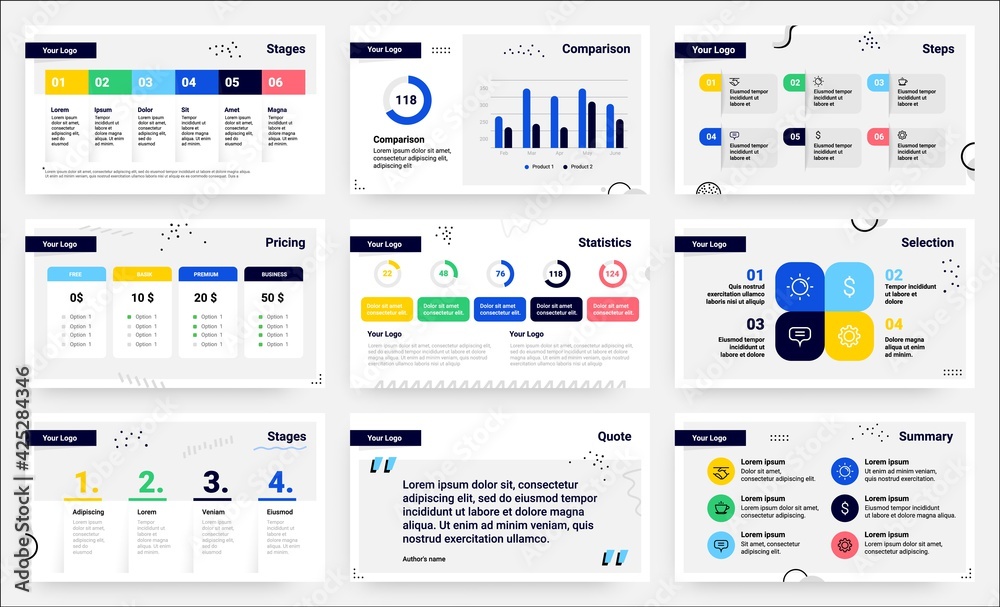 Poster Presentation slides. Infographic pages. Analytical or statistical diagrams. Flowchart sequences template set. Information comparison graphs. Vector report visualization with copy space