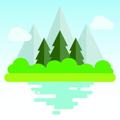 Mountain view with pine trees in flat style