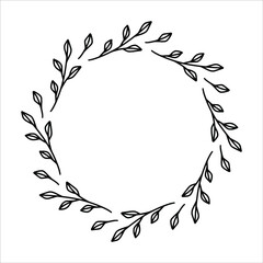 Vector hand drawn spring wreath isolated on white background. Outline circle of leaves. Doodle style. Floral frame.