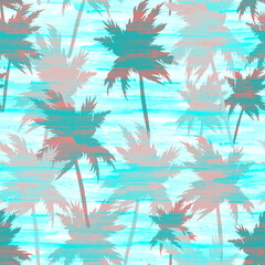 Fototapeta na wymiar Coconut palms on a blue background. Rainforest tropical seamless pattern. Silhouette of a tree print. 