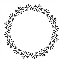 Vector hand drawn spring wreath isolated on white background. Outline circle of leaves. Doodle style. Floral frame.