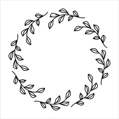 Vector hand drawn spring wreath isolated on white background. Outline circle of leaves. Doodle style. Floral frame.