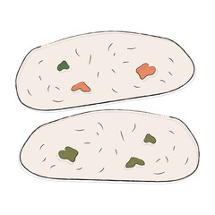 Goat traditional Armenian Adygean white soft cheese with pieces of pepper and greens. Simple icon with food of South Asian countries. Georgian delicacy. Illustration for restaurant menu, recipe book