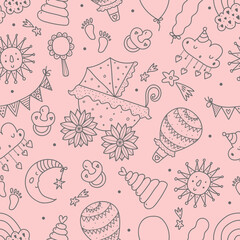 Children's linear seamless pattern with a stroller and children's toys. Can be used in textile industry, paper, background, scrapbooking.