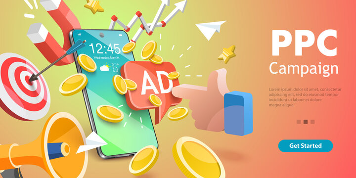 3DVector Conceptual Illustration Of Mobile PPC, Digital Marketing Campaign.