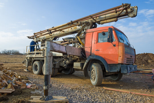 LENINGRAD OBLAST, RUSSIA - MARCH 28, 2021: Concrete pump based on Kamaz car on construction site